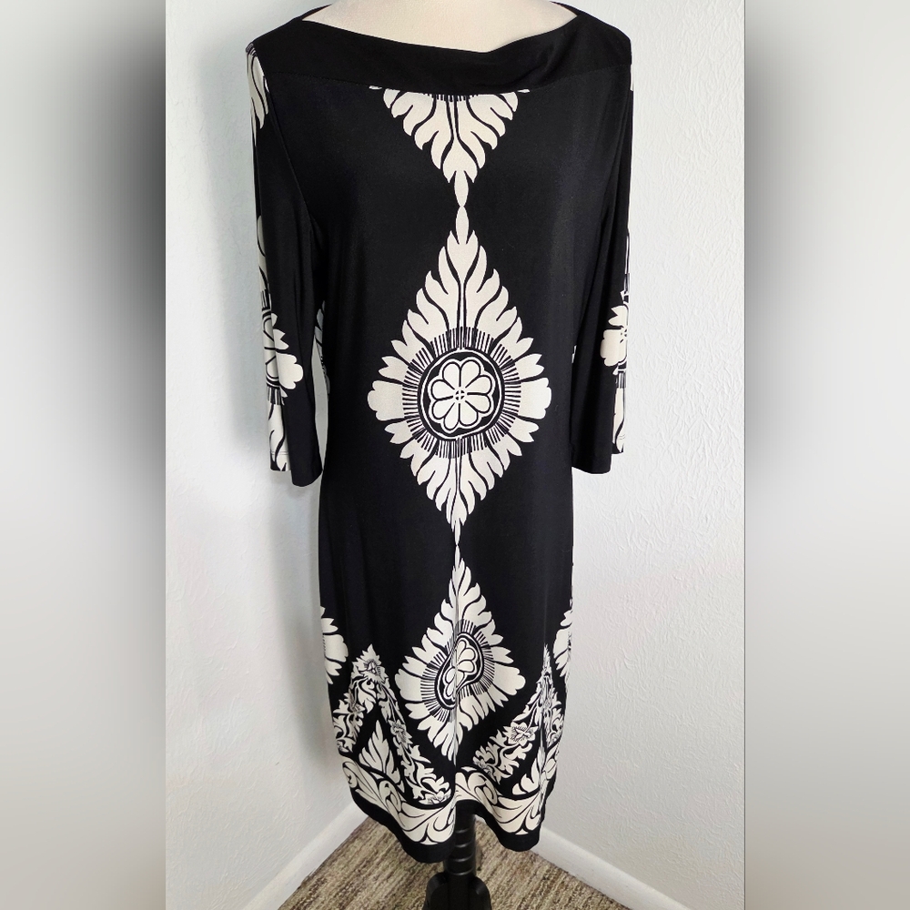 Midnight Velvet Black Dress with Ivory Designs, Size 14